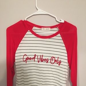 Sweet Rain: “Good Vibes Only” striped long sleeve